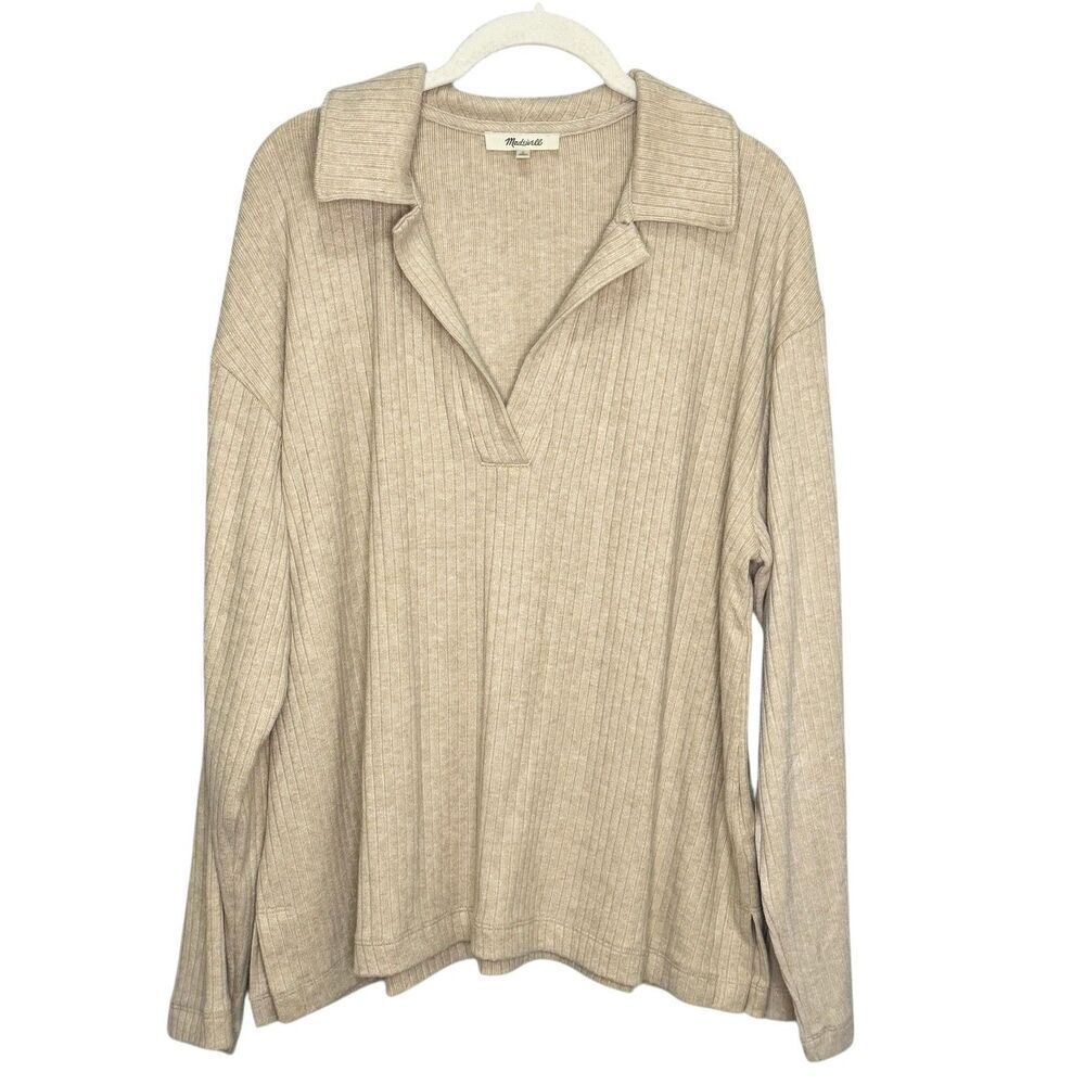 Madewell Sweater Womens Large Beige Ribbed Knit Collared Pullover Long Sleeve